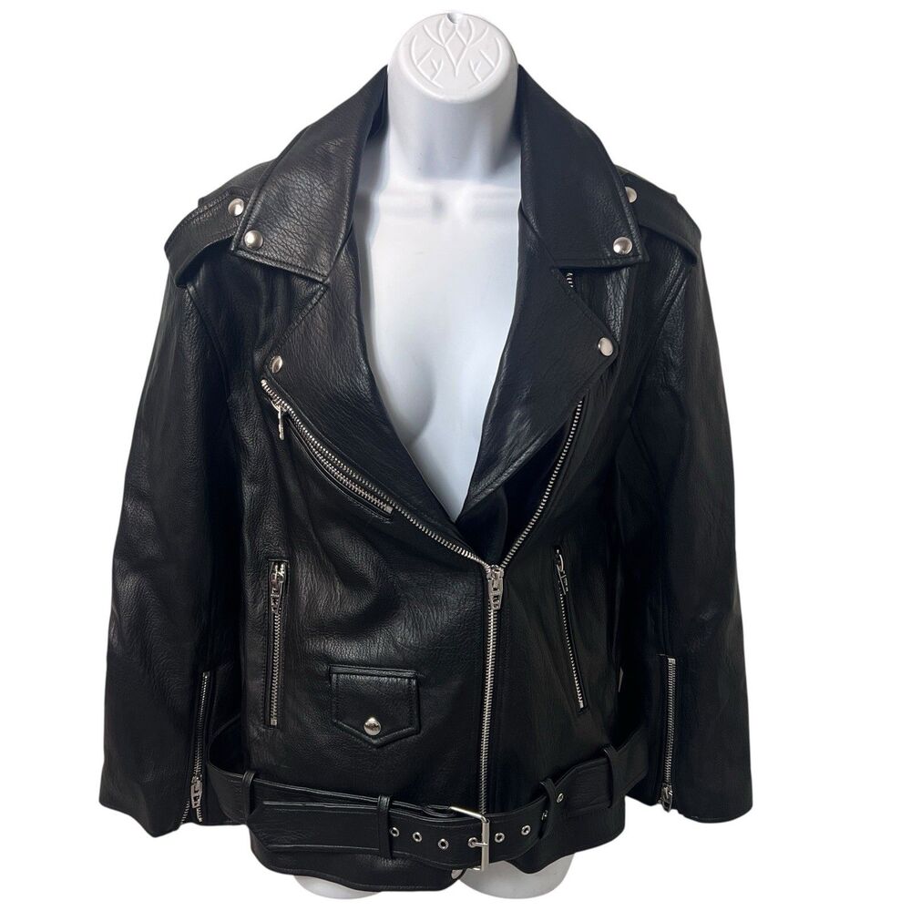 Blank NYC Longline Moto Jacket Womens XS Black Faux Leather Belted Biker Asym